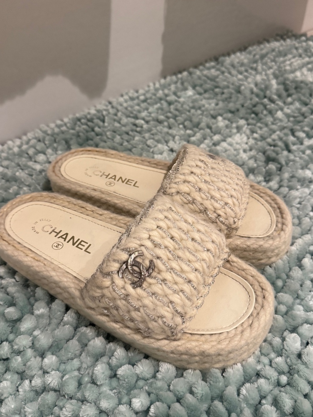 CHANEL Cream Knit Slide Mules with Silver CC Logo